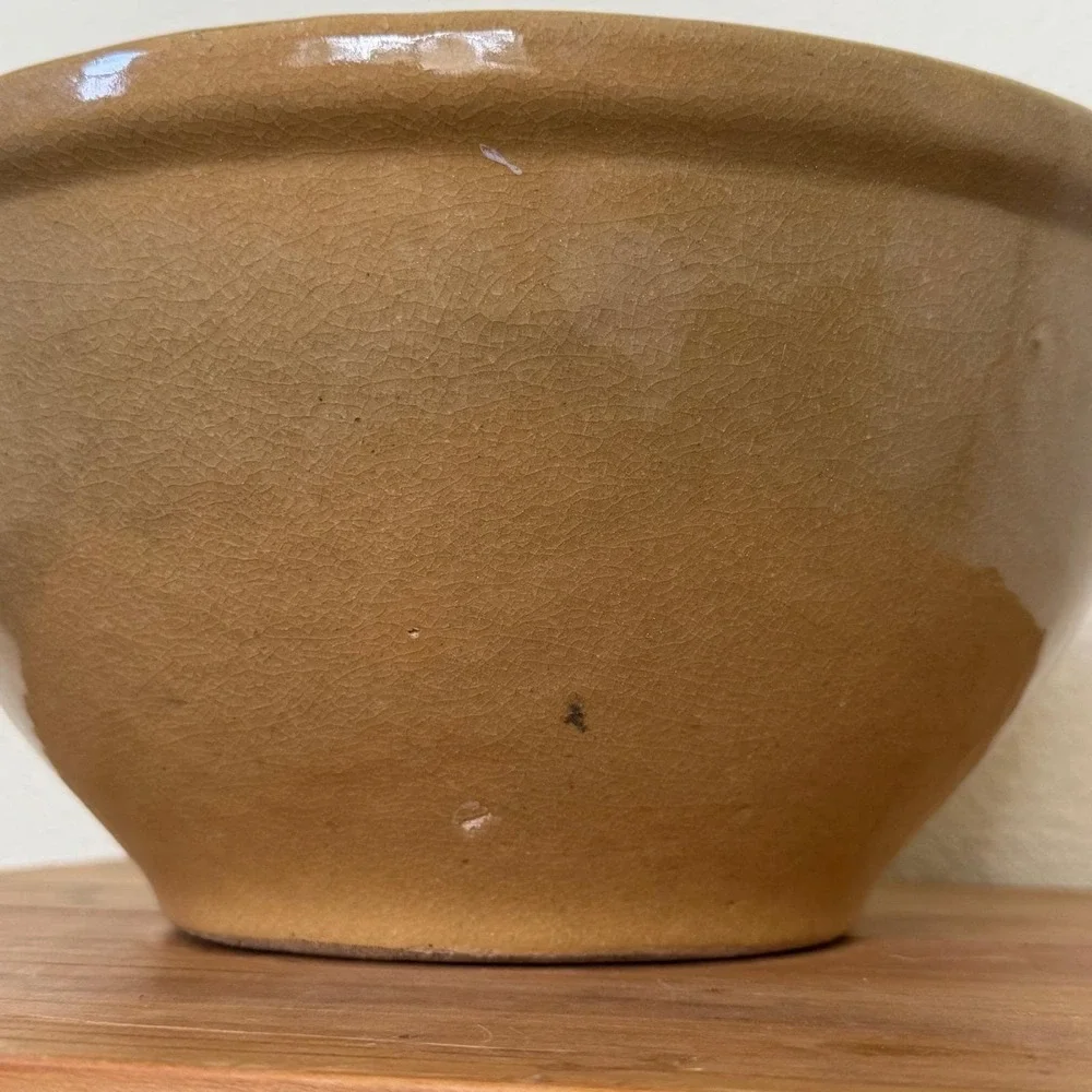 Antique Yellow Pottery Bread‎ Bowl Crackle Glaze Stoneware Handmade